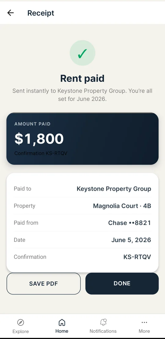 Keystone tenant app — rent paid receipt